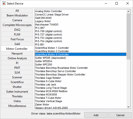 device configuration window with Motion8 Device selected.